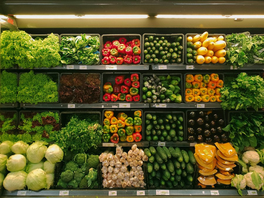 Fresh vegetables and produce at a food market