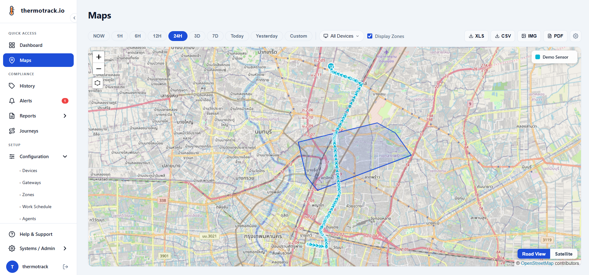 The real thermotrack map showing an example delivery route and a monitoring zone.